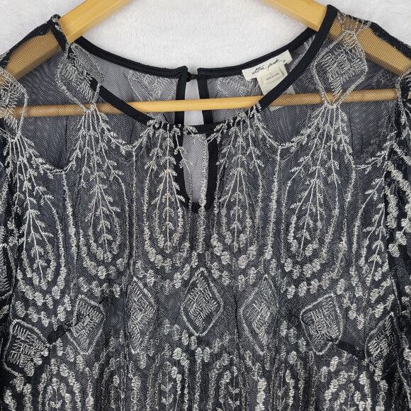 Whimsigoth L Top Sheer Long Sleeve Pullover Black Silver Metallic Dark Romantic - Picture 2 of 10